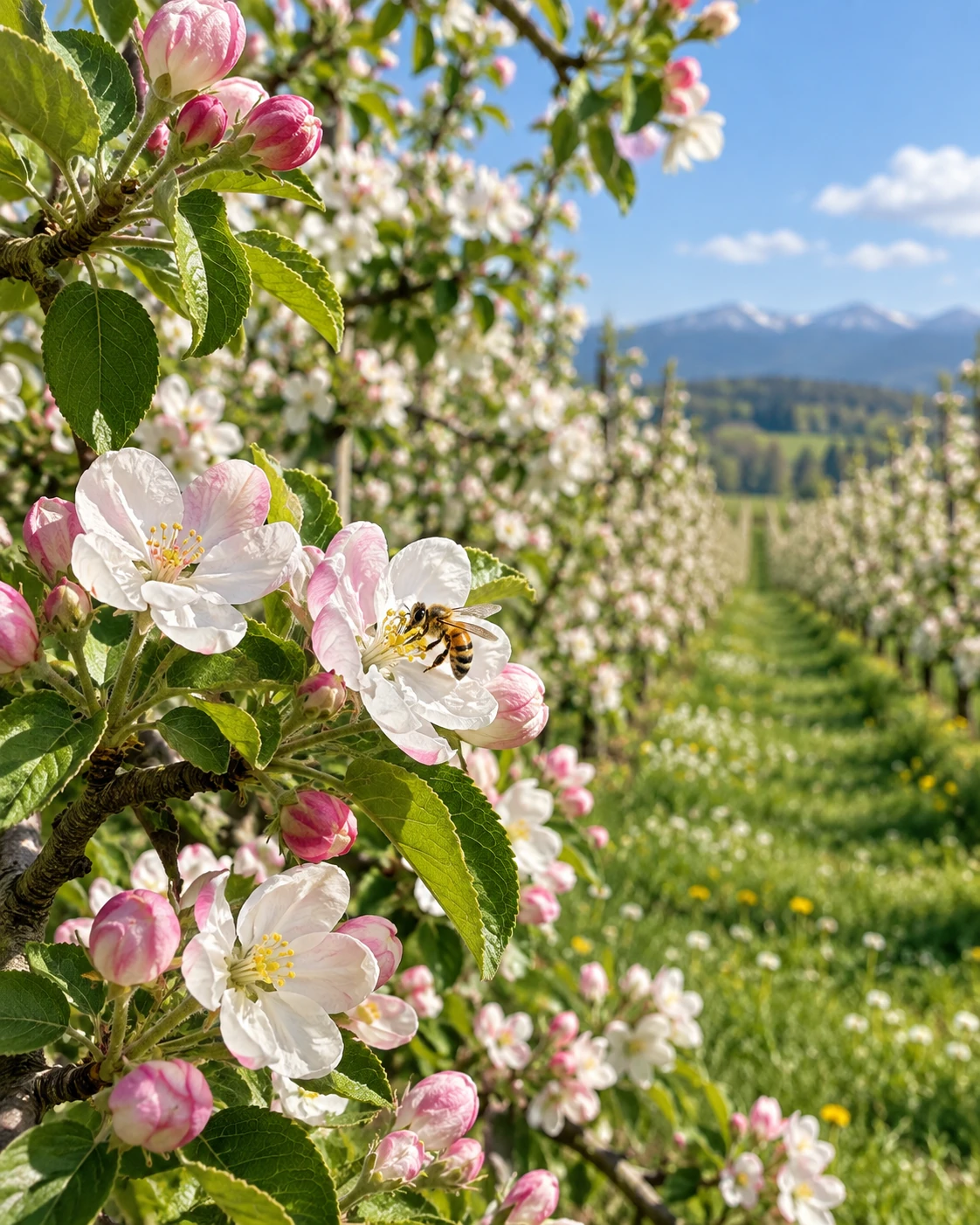 Honey bee visiting apple blossom in a flowering orchard