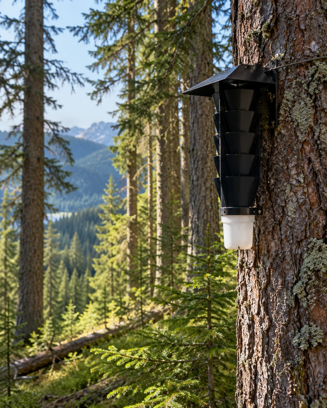 Pest-monitoring trap deployed on a tree in a forest system