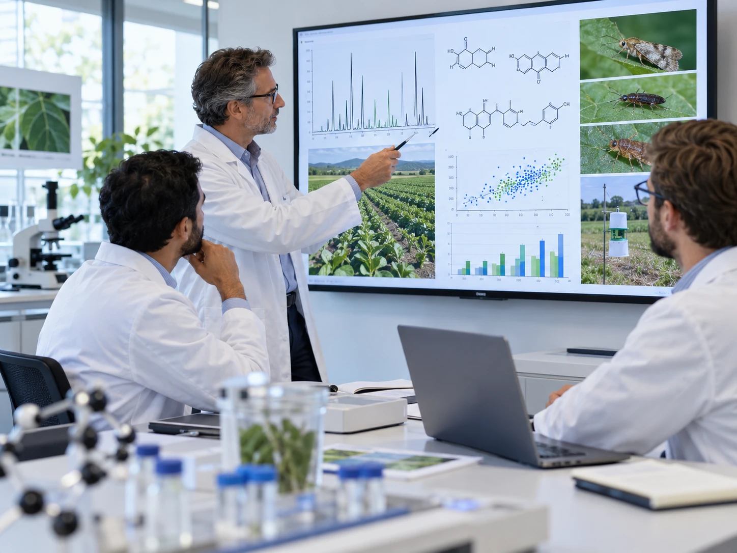 Scientific consulting with male researchers reviewing chemistry, insect, and field data