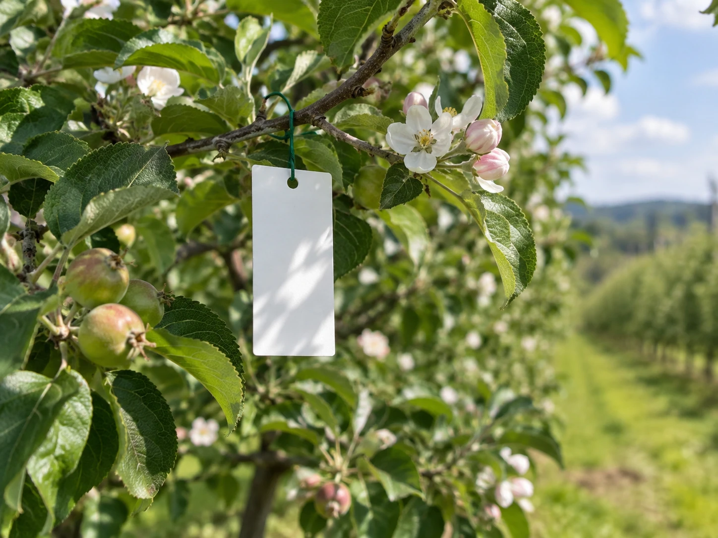 Semiochemical dispenser or lure card deployed in the field within a flowering orchard